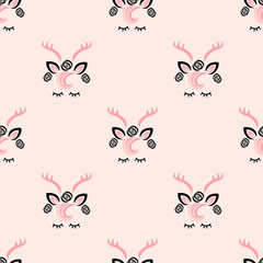 Pink seamless pattern with cute deer. Vector illustration.