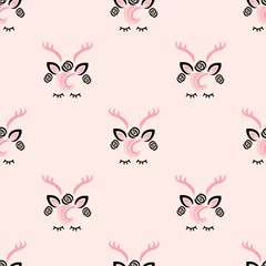 Wallpaper murals Little deer Pink seamless pattern with cute deer. Vector illustration.