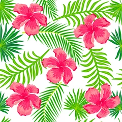  Naadloos patroon met palmbladeren en tropische bloemhibiscus. Vector illustratie. © Natalia