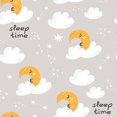 Seamless pattern with cute moon, stars and clouds.