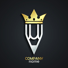 3d pencil with crown golden silver metal logo