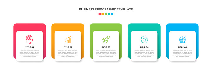 Modern Minimalist Business Infographic template square shape. 5 steps / option timeline with icons. For presentation, process, diagram, workflow, chart, web. Vector with red, blue, green, orange color