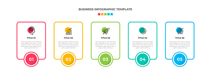 Modern Minimalist Business Infographic template square shape. 5 steps / option timeline with icons. For presentation, process, diagram, workflow, chart, web. Vector with red, blue, green, orange color