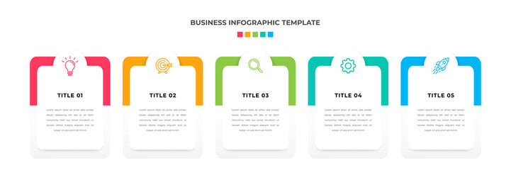 Modern Minimalist Business Infographic template square shape. 5 steps / option timeline with icons. For presentation, process, diagram, workflow, chart, web. Vector with red, blue, green, orange color