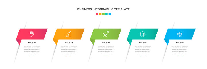 Modern Minimalist Business Infographic template square shape. 5 steps / option timeline with icons. For presentation, process, diagram, workflow, chart, web. Vector with red, blue, green, orange color