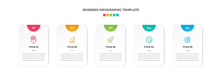 Modern Minimalist Business Infographic template square shape. 5 steps / option timeline with icons. For presentation, process, diagram, workflow, chart, web. Vector with red, blue, green, orange color