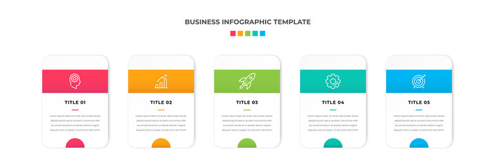Modern Minimalist Business Infographic template square shape. 5 steps / option timeline with icons. For presentation, process, diagram, workflow, chart, web. Vector with red, blue, green, orange color