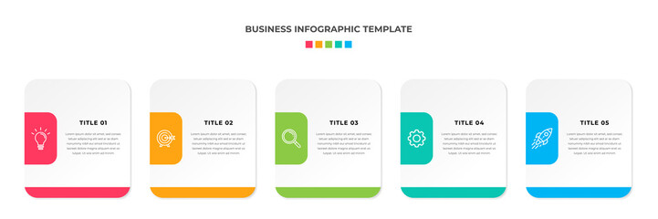 Modern Minimalist Business Infographic template square shape. 5 steps / option timeline with icons. For presentation, process, diagram, workflow, chart, web. Vector with red, blue, green, orange color