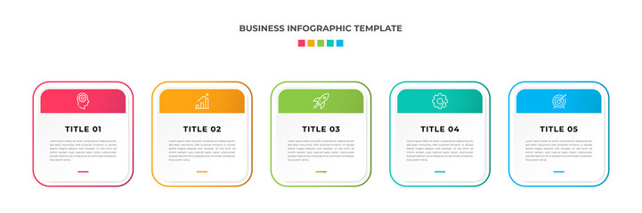 Modern Minimalist Business Infographic template square shape. 5 steps / option timeline with icons. For presentation, process, diagram, workflow, chart, web. Vector with red, blue, green, orange color