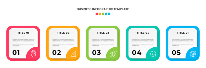 Modern Minimalist Business Infographic template square shape. 5 steps / option timeline with icons. For presentation, process, diagram, workflow, chart, web. Vector with red, blue, green, orange color