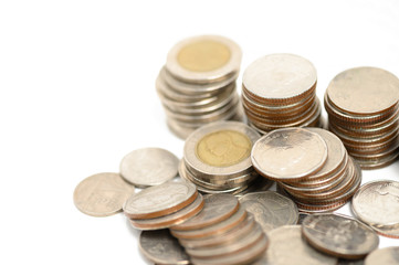 Pile of coins on white background