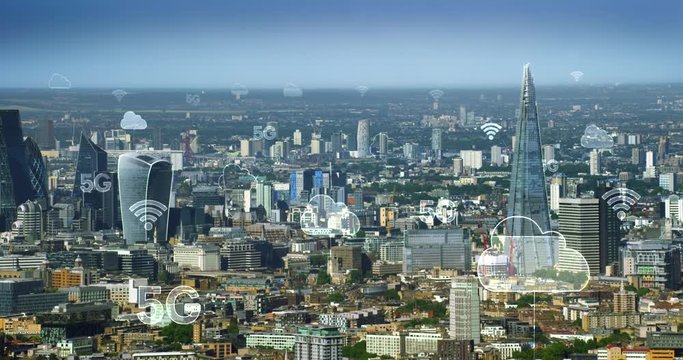 Futuristic metropolis connected through several networks. Internet of Things, massive world-wide network&nbsp;with interconnected physical objects: electronics, software, sensors. London. 5G.