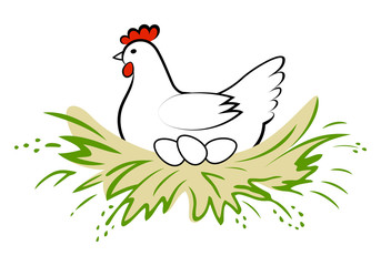 Hen incubate eggs in the nest on white background. Vector logo chicken farm. Products from chicken meat and eggs. Poultry farm.