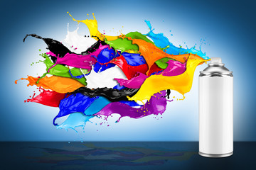 spray can spraying colorful rainbow paint liquid  color splash explosion blue white background. Industry diy paintjob graffiti concept.