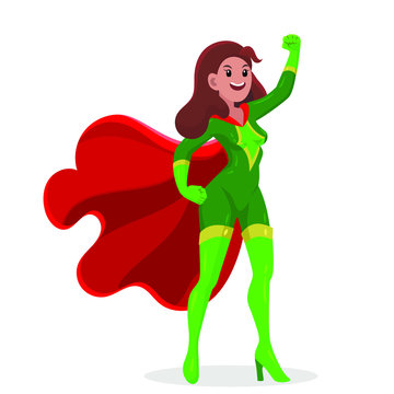 A female superhero stands in a heroic pose. Superhero in a green suit vector image.