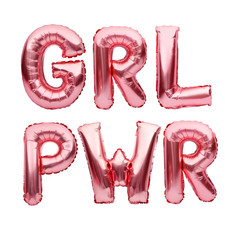 Lettering GRL PWR or girl power made of rose golden inflatable helium balloons isolated on white....