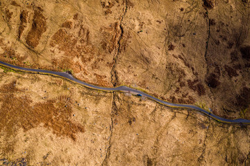 aerial drone shot of glen etive in the argyll region of the highlands of scotland showing loch etive and the entrance to glencoe