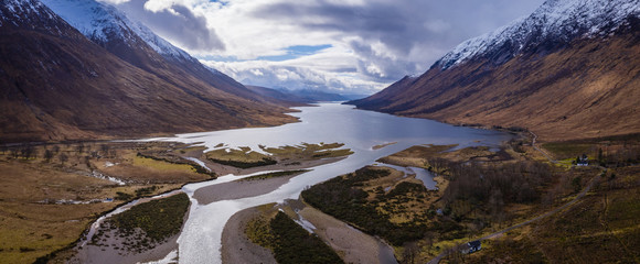 aerial drone shot of glen etive in the argyll region of the highlands of scotland showing loch etive and the entrance to glencoe © Andy Morehouse