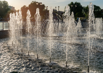 Park fountain at sunset