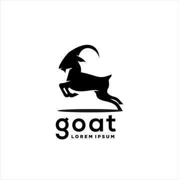 Jumping Black Silhouette Ibex, Goat, Antelope Logo with Curve Antler