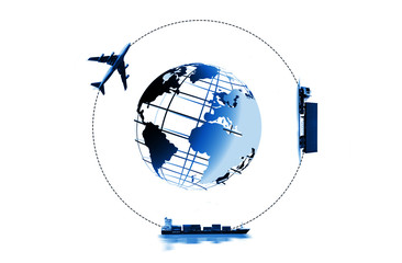 Transportation, import-export and logistics concept, container truck, ship in port and freight cargo plane in transport and import-export commercial logistic, shipping business industry