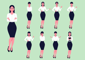 Business woman in various poses. Set of vector flat illustrations.