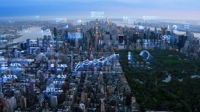 Aerial view of New York with financial charts and data. Futuristic city skyline. Big data, Artificial intelligence, Internet of things. Stock exchange figures.