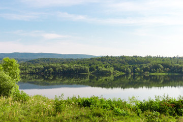 Natural view on a rural pond and a green forest. Clear blue sky background