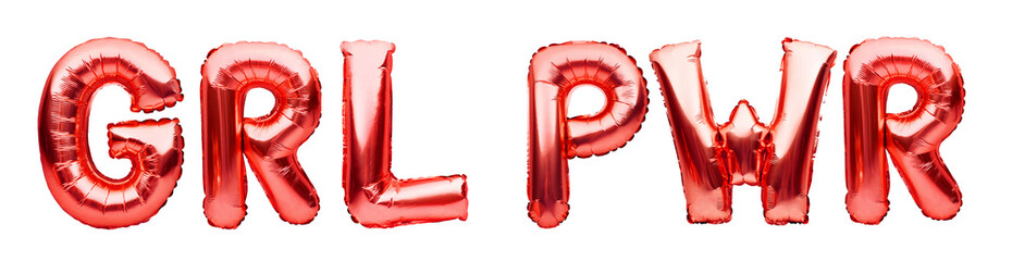 Lettering GRL PWR or girl power made of red inflatable helium balloons on white background. Red...