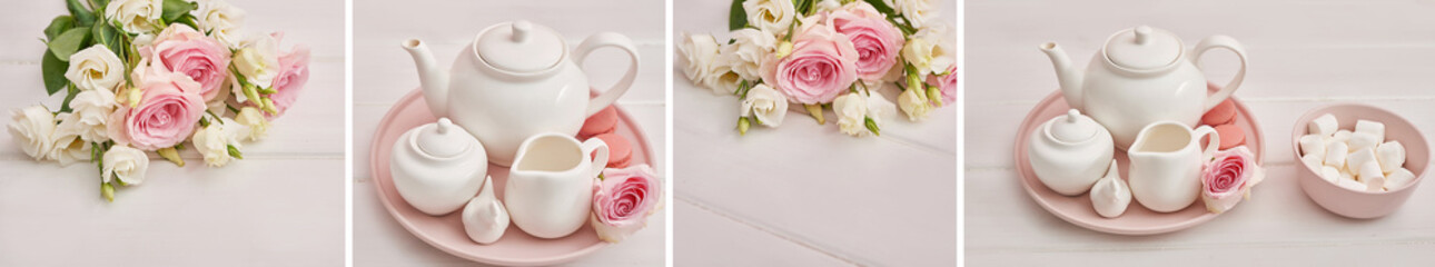 Spring card template. Happy Birthday or Valentine. Women's Day. Greeting card for mother's day. Congratulation with flowers. Flower card. Copy space. Wedding invitation.Tea set with flowers and sweet