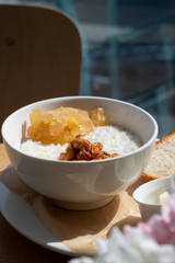 Healthy eating concept. Tasty healthy breakfast: cereal and fruit in a bowl. 