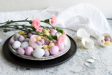 Fototapeta na wymiar Easter composition with chocolate eggs