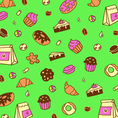 Doodle green background with cookies, marshmallows, candy canes, macaroons, craft bags, donuts, cheesecakes, muffin, cupcakes and croissant.