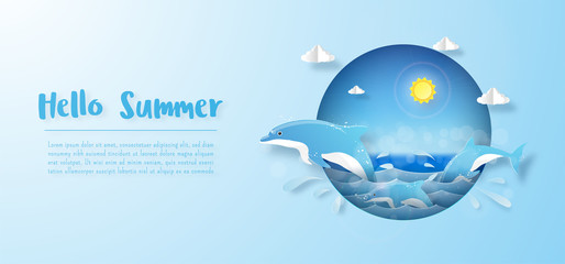 Tropical summer banner background, Dolphin jumping in the ocean, Paper cut style