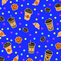 Doodle blue background with coffee cups, cookies, croissant and macaroons. Background decorated with colorful circles.