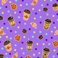 Doodle purple background with coffee cups, cookies, croissant and macaroons. Background decorated with colorful circles.