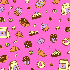 Doodle pink background with cookies, marshmallows, candy canes, macaroons, craft bags, donuts, cheesecakes, muffin, cupcakes and croissant.