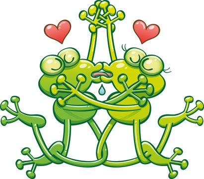 Funny couple of green frogs having a romantic encounter. They intertwine their hands and legs while closing their eyes, drooling and performing a passionate French kiss. They show a red heart