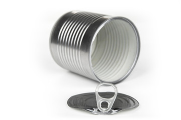 Empty food tin can on a white. Recycle concept