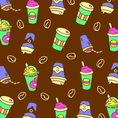 Doodle brown background with coffee cups, dessert cups with tubules and coffee beans.