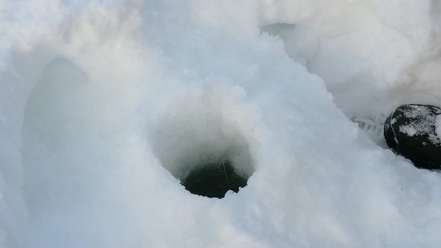 Close up of hands of fisherman catching freshwater fish using fishing rod in frozen river, removing animal from hook, returning it to water. Fisherman is fishing in wintertime. Ice fishing concept. 4K