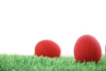 red easter egg on lawn green grass artificial with blank white background