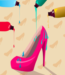 Multicolor paint dripping on vibrant pink heels shoes