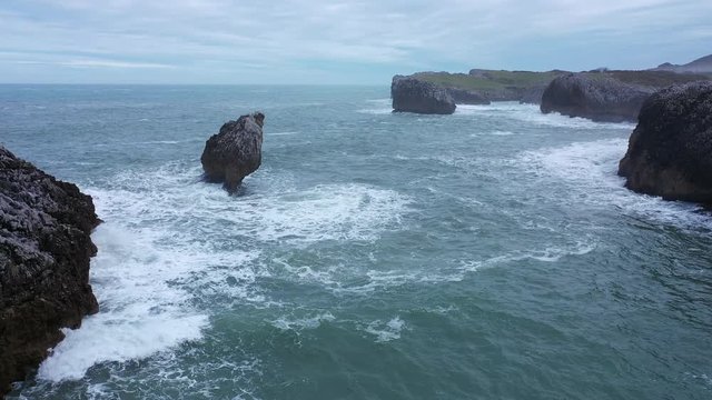 Drone view of El Picon, Aerial view of Buelna Beach, Asturias, Spain, Europe