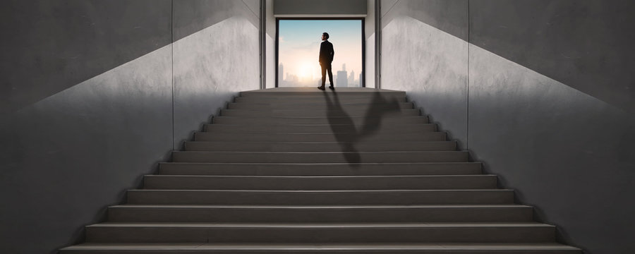 successful business way, how to success and be achievement and focus to goal concept, young businessman standing and looking out to develop working life to leader, climbing stairs to get top of city