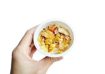 Muesli, granola healthy meal on white background