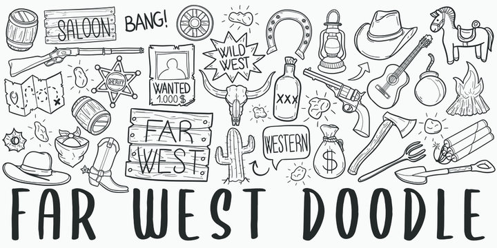 Far West Cowboy Doodle Line Art Illustration. Hand Drawn Vector Clip Art. Banner Set Logos.