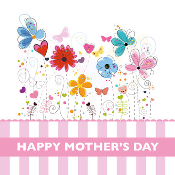 Mother's Day greeting card with colorful decorative flowers. Spring time doodle hand drawn flowers vector background