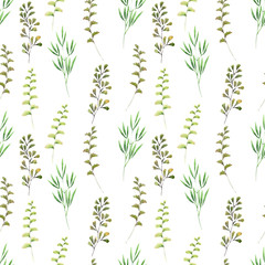 Watercolor seamless pattern with spring Mimosa twigs and different decorative leaves