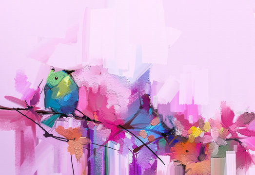 Abstract colorful oil, acrylic painting of bird and spring flower. Modern art paintings brush stroke on canvas. Illustration oil painting, animal and floral for background.